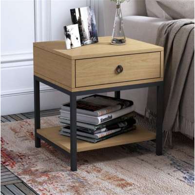 Bedroom metal frame wooden bedside table nightstand with shelf