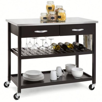 Stainless steel top black wood kitchen furniture serving trolley with storage shelf