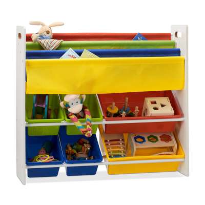 Children kids wooden toy storage shelf with bins