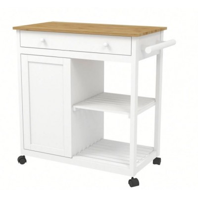 White wooden kitchen trolley with bamboo top