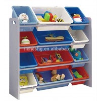 Baby kids playroom 4 tier MDF wooden toy organizer with bins