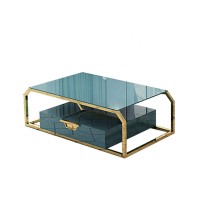 Modern stainless steel base tempered glass top home goods coffee table with with MDF wooden cabinet